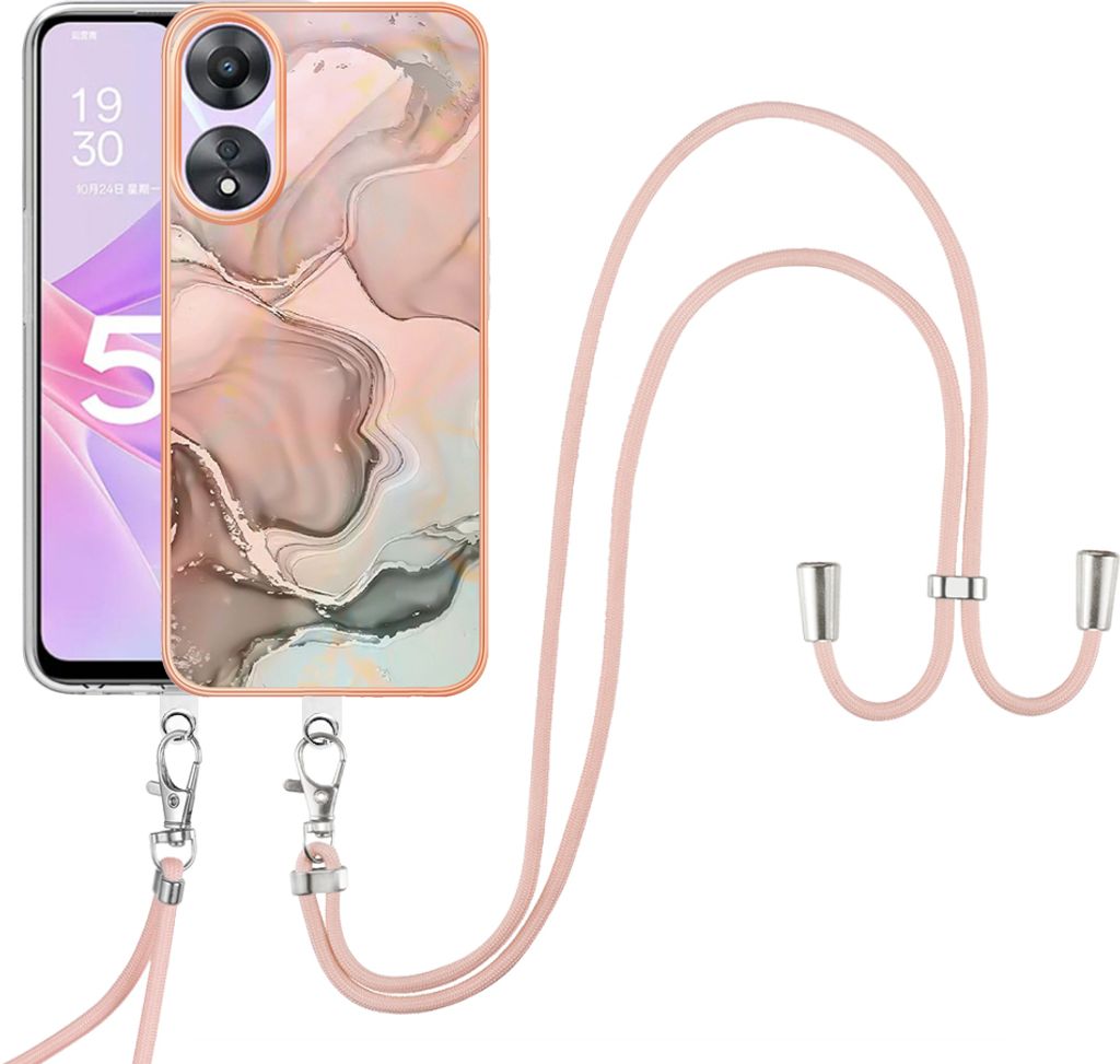 Oppo A78 / A58 Handykette Hülle, Muster TPU Bumper Schutzhülle mit verstellbarem Tragegurt für Oppo A78 / A58 Crème