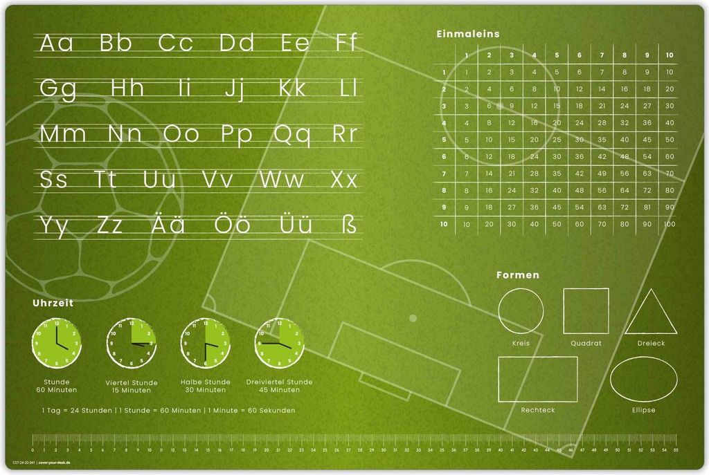 Schreibtischunterlage für Kinder – Lernunterlage in Fußballfeld Optik ABC, 1x1, Uhrzeiten – 60 x 40 cm – aus Vinyl - Germany - Jungs & Mäd...