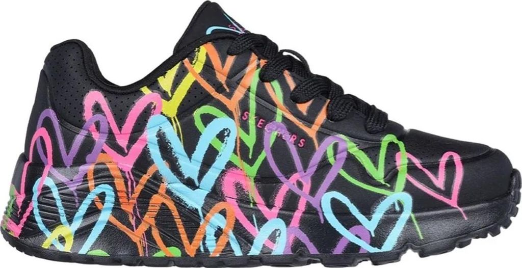 A side view of a black Skechers sneaker with a colorful heart graffiti design.