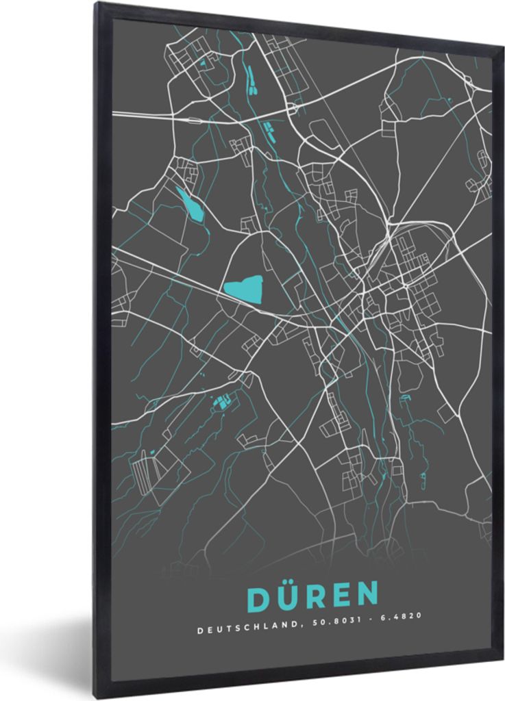 MuchoWow Gerahmtes Poster Stadtplan - Düren - Deutschland - Karte 20x30 cm - Poster mit Schwarzem Bilderrahmen Wandposter Rahmen Foto Bilder - D...