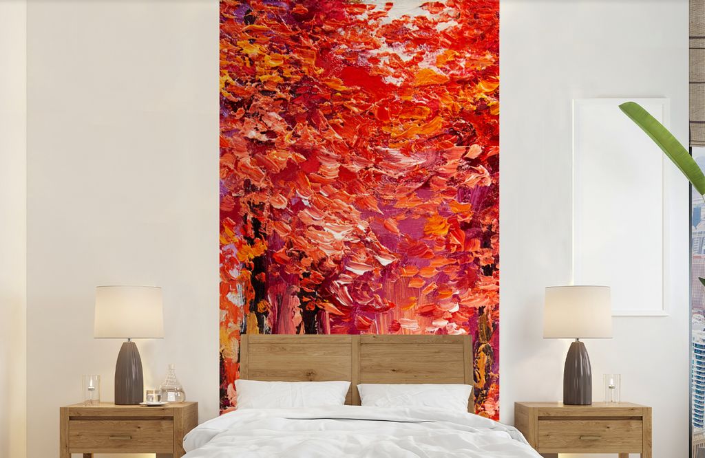 MuchoWow Fototapete für Wohnzimmer oder Schlafzimmer Wandtapete Vinyl Motivtapete Gemälde - Bäume - Herbst - Ölgemälde - 120x240 cm - Hinter...