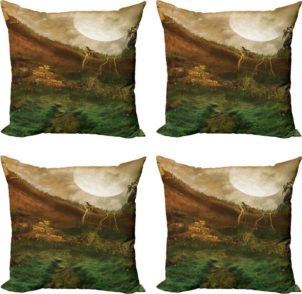 ABAKUHAUS Natur Kissenbezug Set (4 Stück), Tal mit Vollmond, Moderner Doppelseitiger Digitaldruck, 60 cm x 60 cm, Farn-Grün Zimt