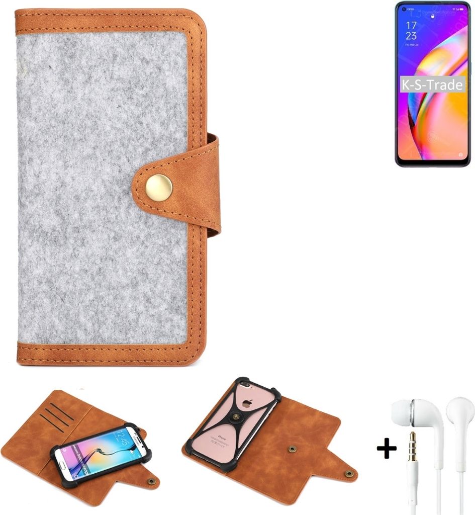 K-S-Trade Handyhülle + Kopfhörer kompatibel mit Oppo A94 5G Schutzhülle Filz Hülle Kunstleder hellgrau braun (1x)