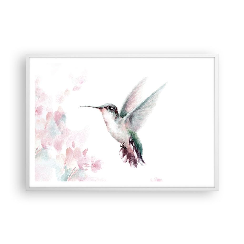Gerahmtes Poster - Weißer Rahmen - Kolibri Aquarell Licht - 100x70 cm - Wand Bild - Wanddeko - Wandbilder - Kunstposter - Wandposter - Bilderrahme...
