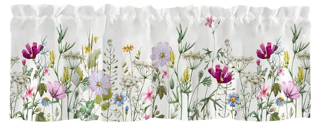 Frühlingsblumen-Gardinenblende mit Blättern und Blüten, kurze Küchengardine mit Stangendurchzug für Badezimmer und Esszimmer.