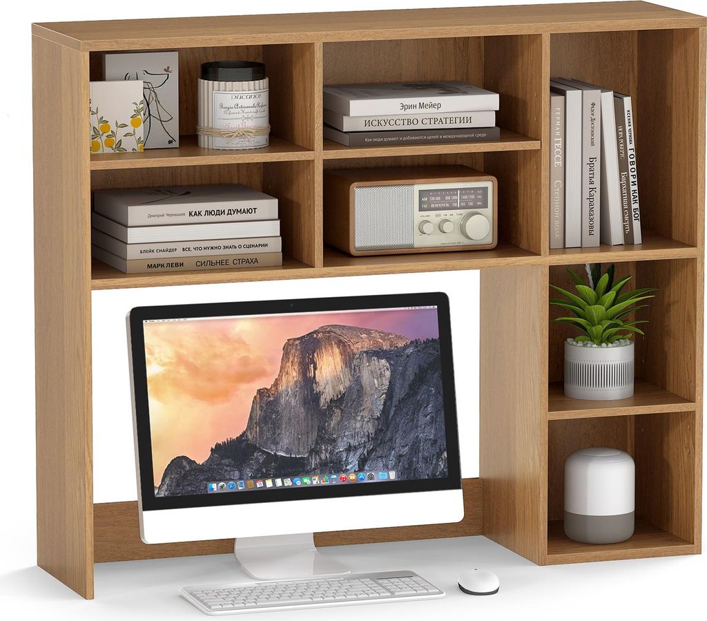 COSTWAY Schreibtischregal, Tischregal mit 7 Fächern, Schreibtisch Aufsatzregal für Monitore bis zu 27", Bücherregal, 94 x 25 x 79 cm, Natur