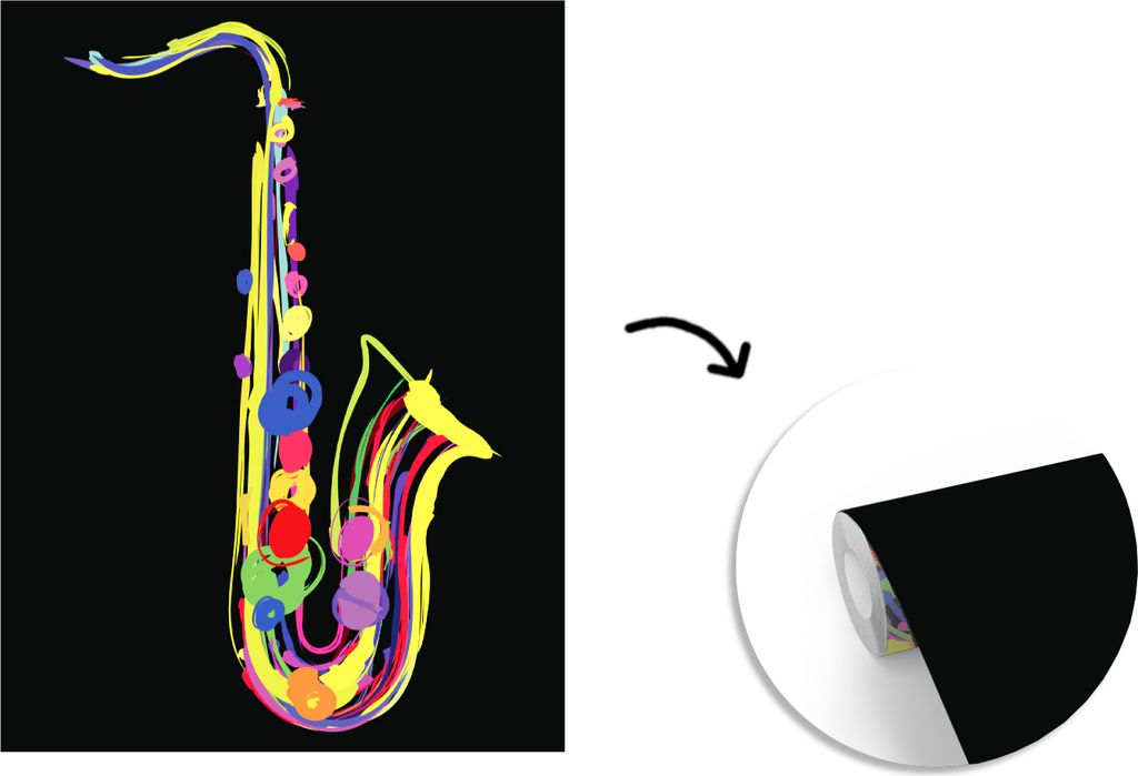 MuchoWow Fototapete für Wohnzimmer oder Schlafzimmer Wandtapete Vinyl Motivtapete Bunte Illustration eines Saxophons auf schwarzem Hintergrund -...