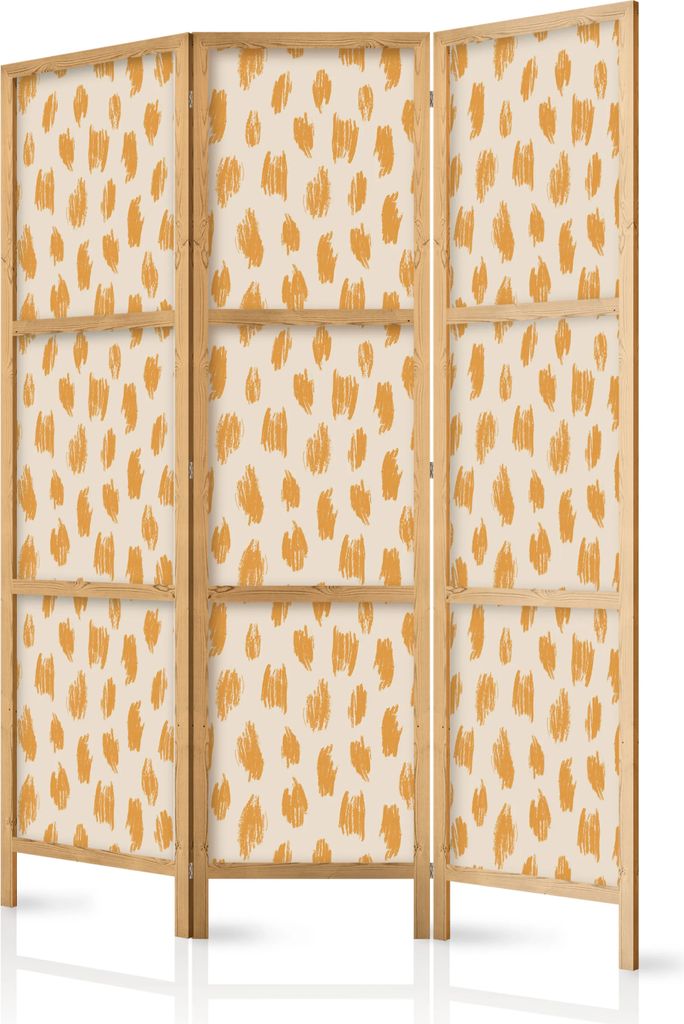 3-teiliger Einseitiger Vlies Japanischer Paravent - Drawn Pattern in Dots and Spots - in Shades of Orange and Ecru. 135x172 cm Muster f-A-10192-bh-a
