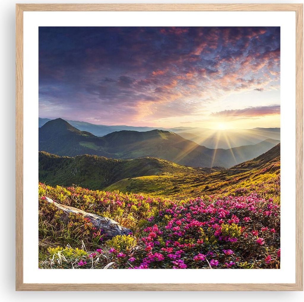 Gerahmtes Poster - Rahmen in heller Eiche - Gebirge Wiese Landschaft Wald - 60x60 cm - Wand Bild - Wanddeko - Wandbilder - Wandposter - Bilderrahme...