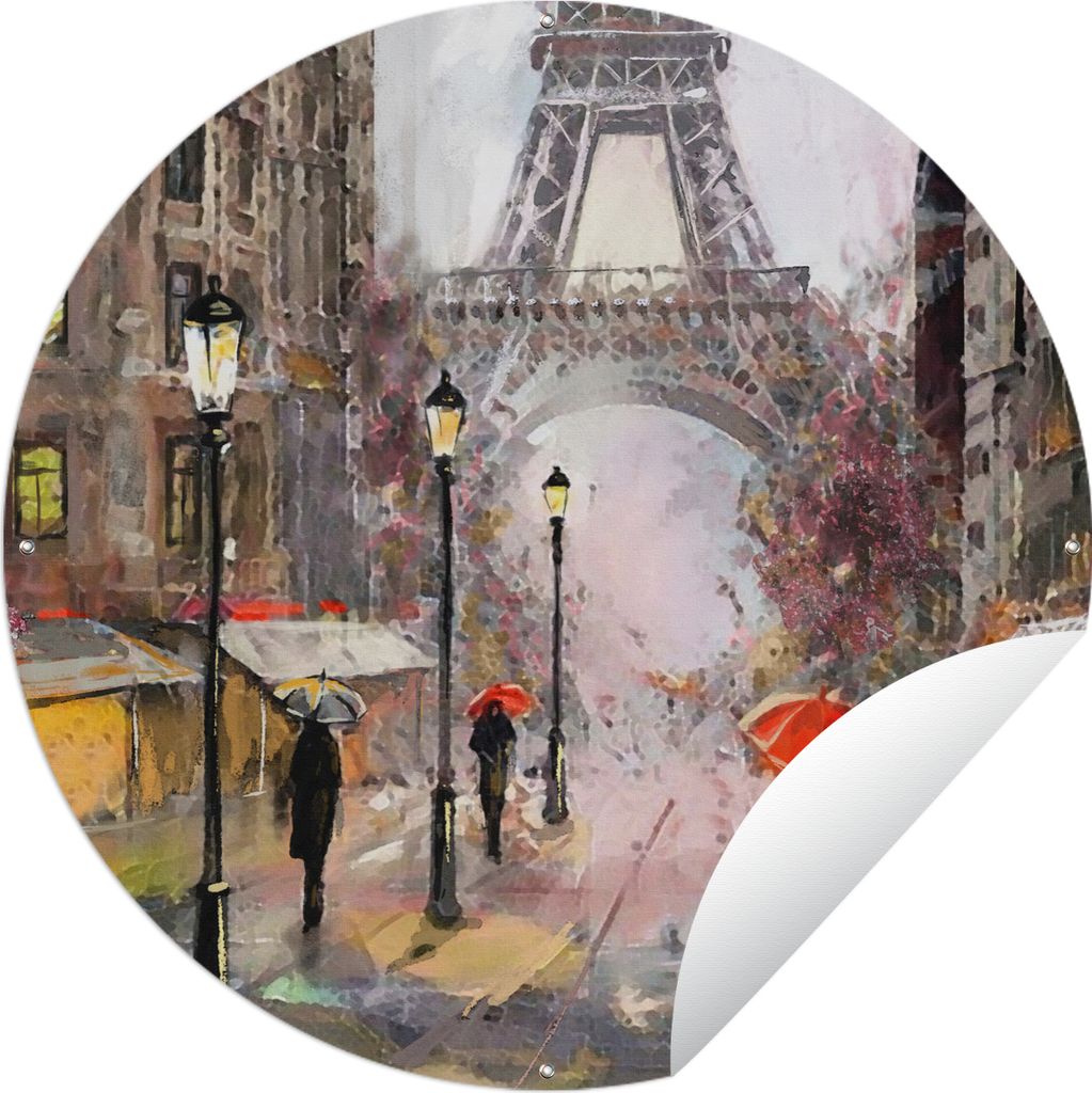 MuchoWow Gartenposter Outdoor-Poster Rund Gemälde - Paris - Eiffelturm - Regenschirm - Ölgemälde Ø 60 cm Gartendeko Rundes Poster draußen