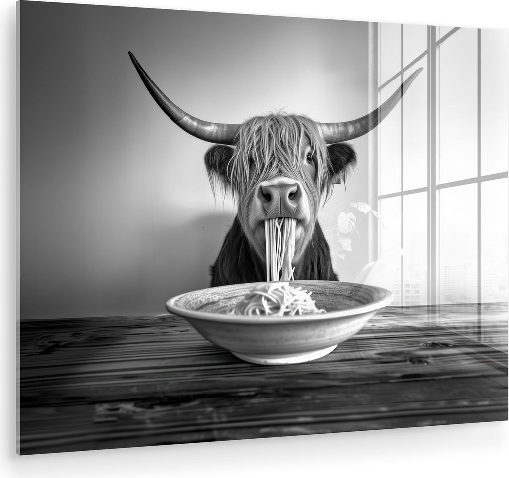 MuchoWow Glasbilder - Bilder auf Wandbild - Foto auf Glas Schottisches Hochlandrind - Spaghetti - Tiere - Schwarz und weiß 80x60 cm Wanddekoration...