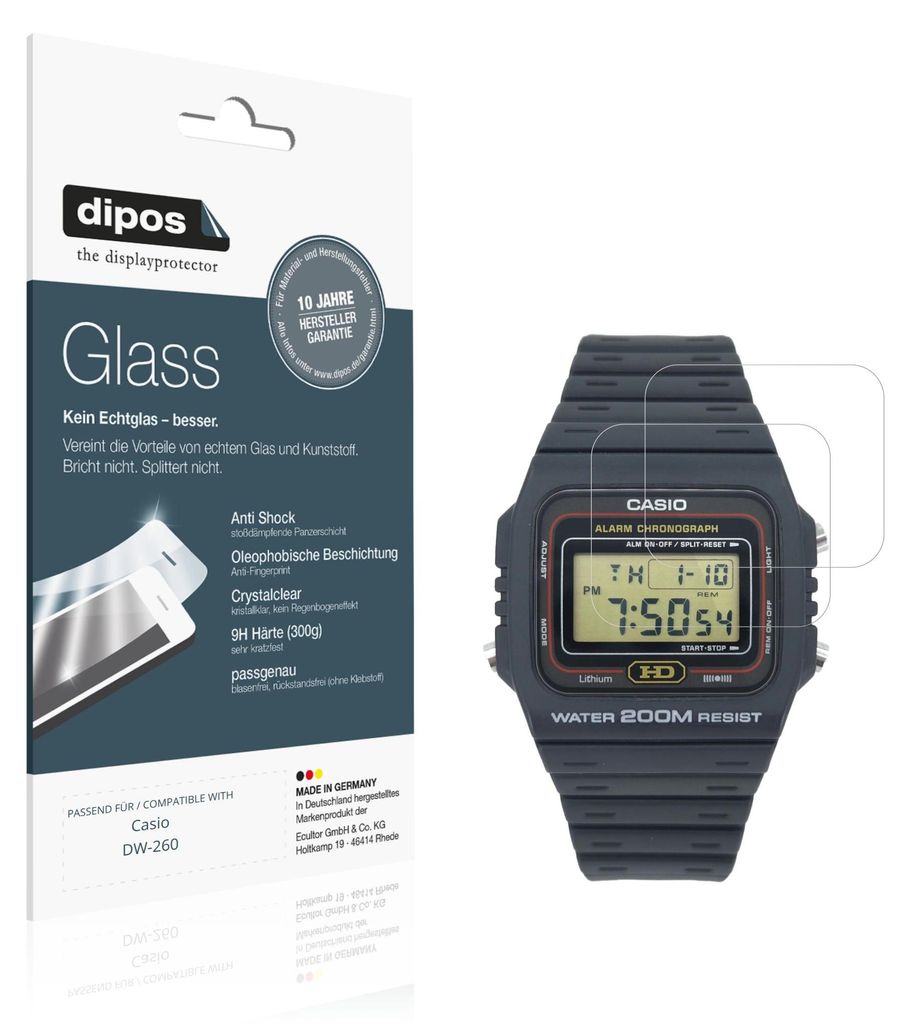 2x Schutzfolie für Casio DW-260 - Anti-Shock 9H Folie dipos Glass Kunststoffglas