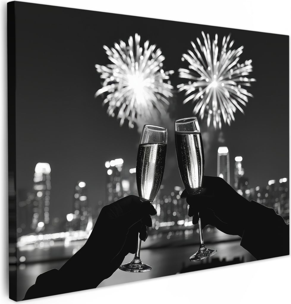 Wanddeko 80x60 cm - Getränk - Cheers - Feuerwerk - Schwarz - Weiß, Leinwand bilder, Wanddeko Wohnzimmer