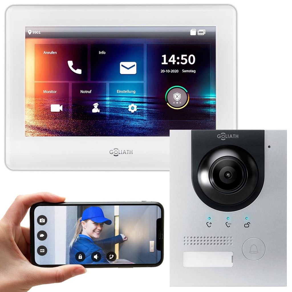 GOLIATH IP Aufputz Video Türsprechanlage Set für 1 Familienhaus (Silber 180° Türstation, 7" Touchscreen Monitor Weiß, App)