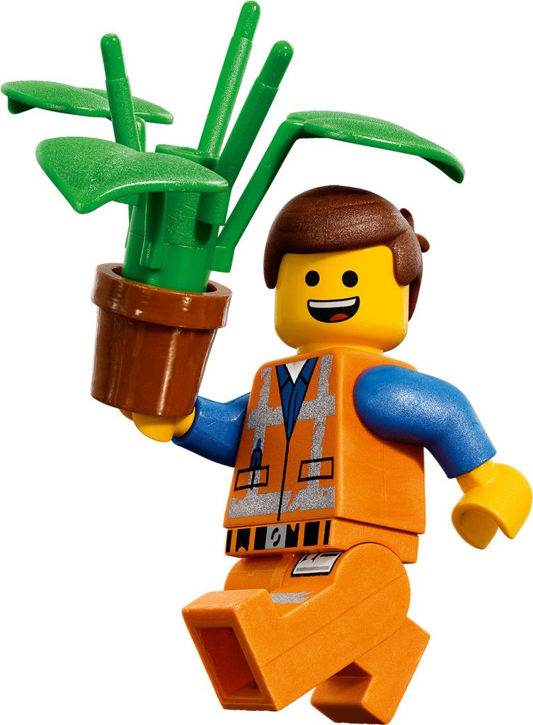 A Lego minifigure holding a potted plant.