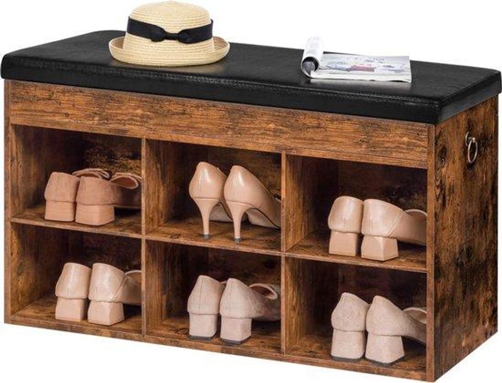 Sitzbank mit 6 Fächern und Sitzkissen, Holz, braun, 6-teilig