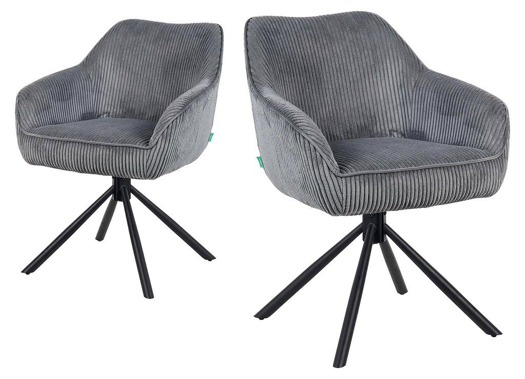 Esszimmerstühle 2er Set drehbar mit Taschenfederkern, hoher Sitzkomfort, bis 150 kg belastbar, Cord-Stoff Grau, Metall-Kreuzgestell, modernes Design