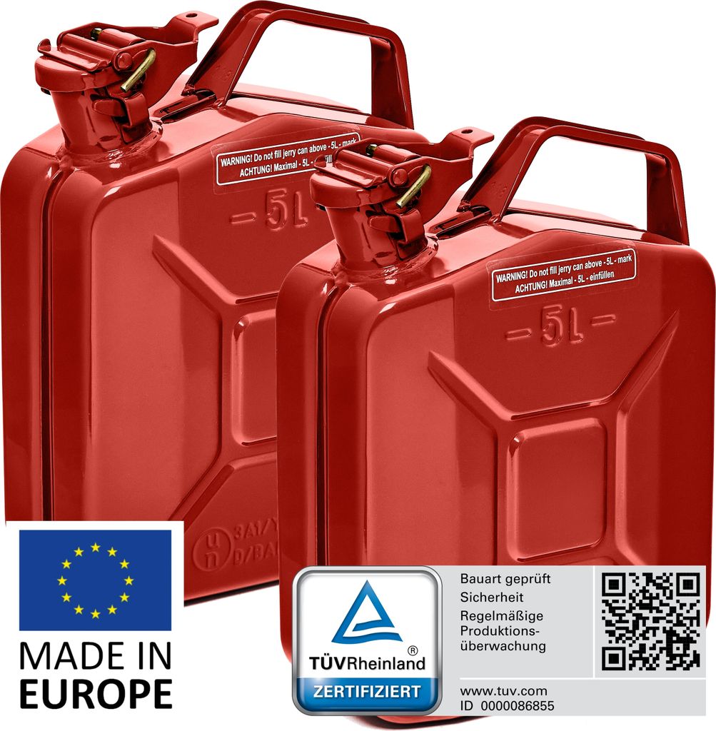 BW Kraftstoffkanister Metall Benzinkanister 2x 5 Liter - Rot RAL 3000 - UN-Zulassung - Hergestellt in Europa