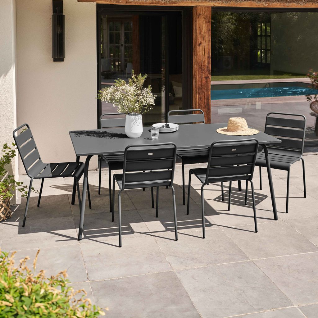 Gartentisch und 6 Metallstühle Grau - Oviala Palavas
