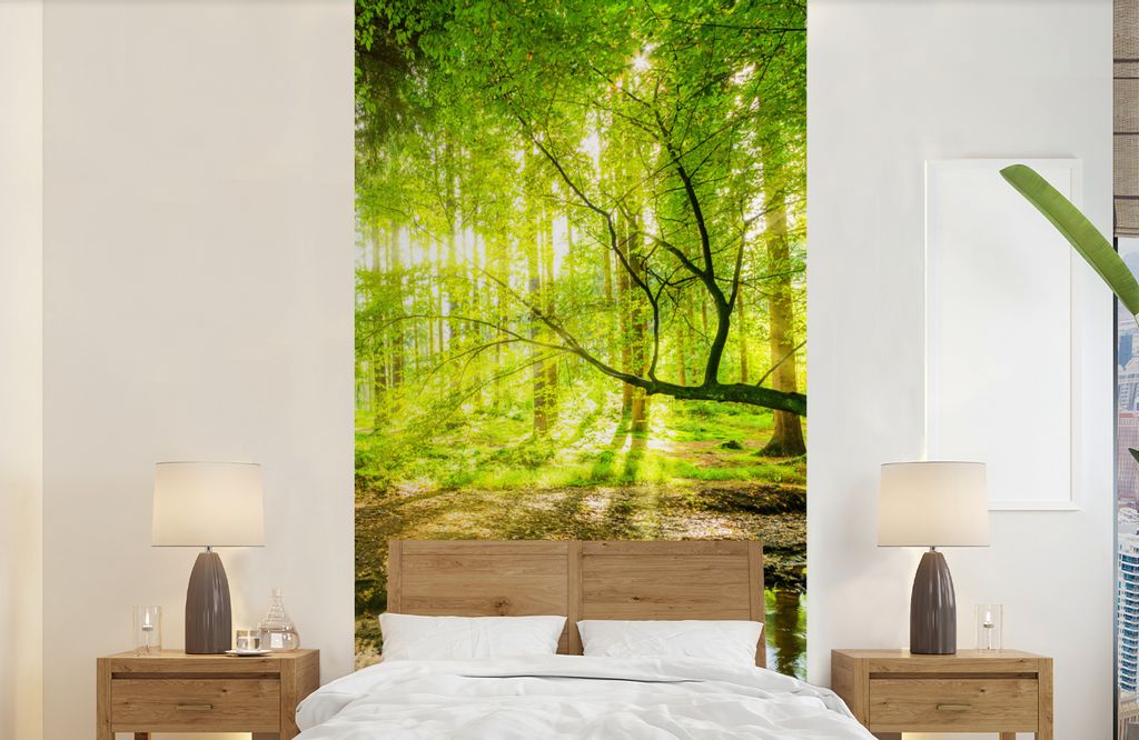 MuchoWow Fototapete für Wohnzimmer oder Schlafzimmer Wandtapete Vinyl Motivtapete Wald - Landschaft - Wasser - Bäume - Sonne - Grün - Natur - ...