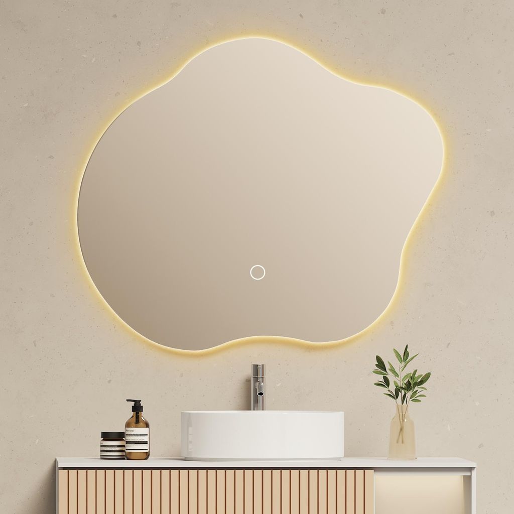 EMKE LED Badspiegel 50 x 45 cm Badezimmerspiegel mit Beschlagfrei, 3 Lichtfarbe Unregelmäßiger Badezimmerspiegel, Dimmbar Wandspiegel mit Speiche...