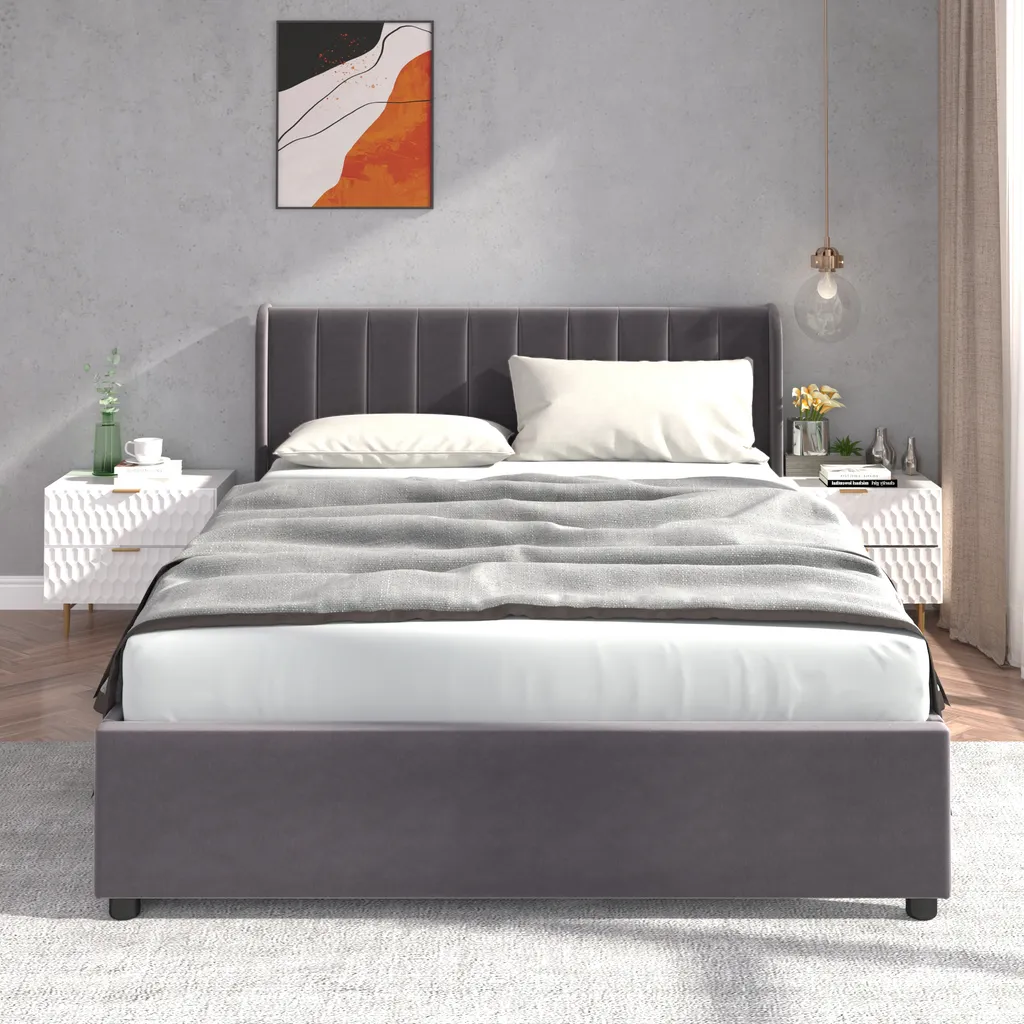 Lit 140x200cm avec 2 tiroirs et sommier, structure bois velours gris - 12