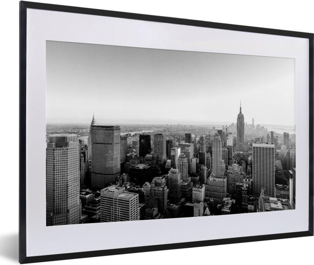 MuchoWow Gerahmtes Poster Sonnenaufgang an der Skyline von New York - schwarz und weiß 60x40 cm - Poster mit Schwarzem Bilderrahmen Wandposter R...