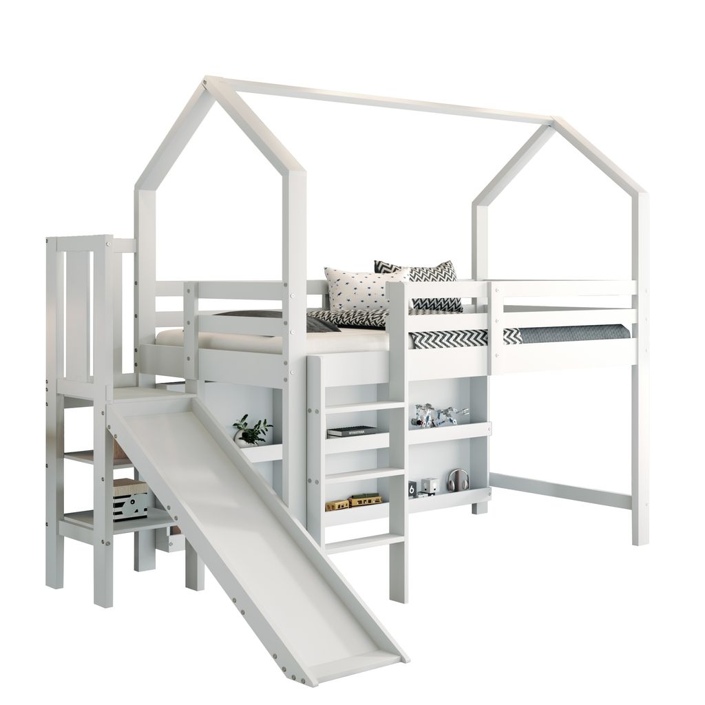 Hochbett mit Lattenrost und Rutsche, 90x200 cm, Kinderbett Produktbild 