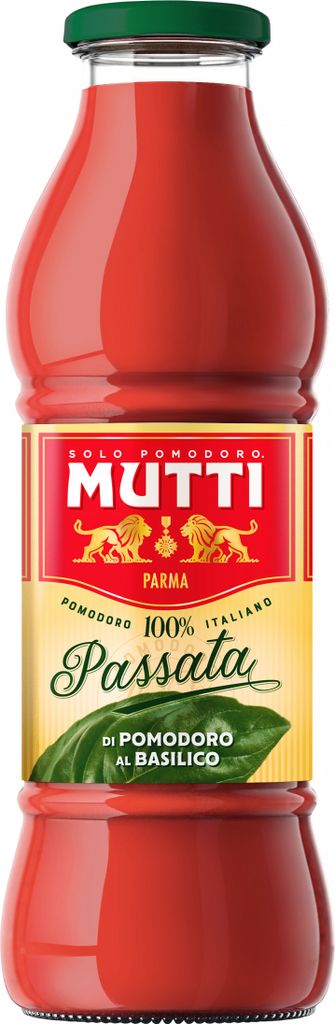 A bottle of Mutti Passata with basil.