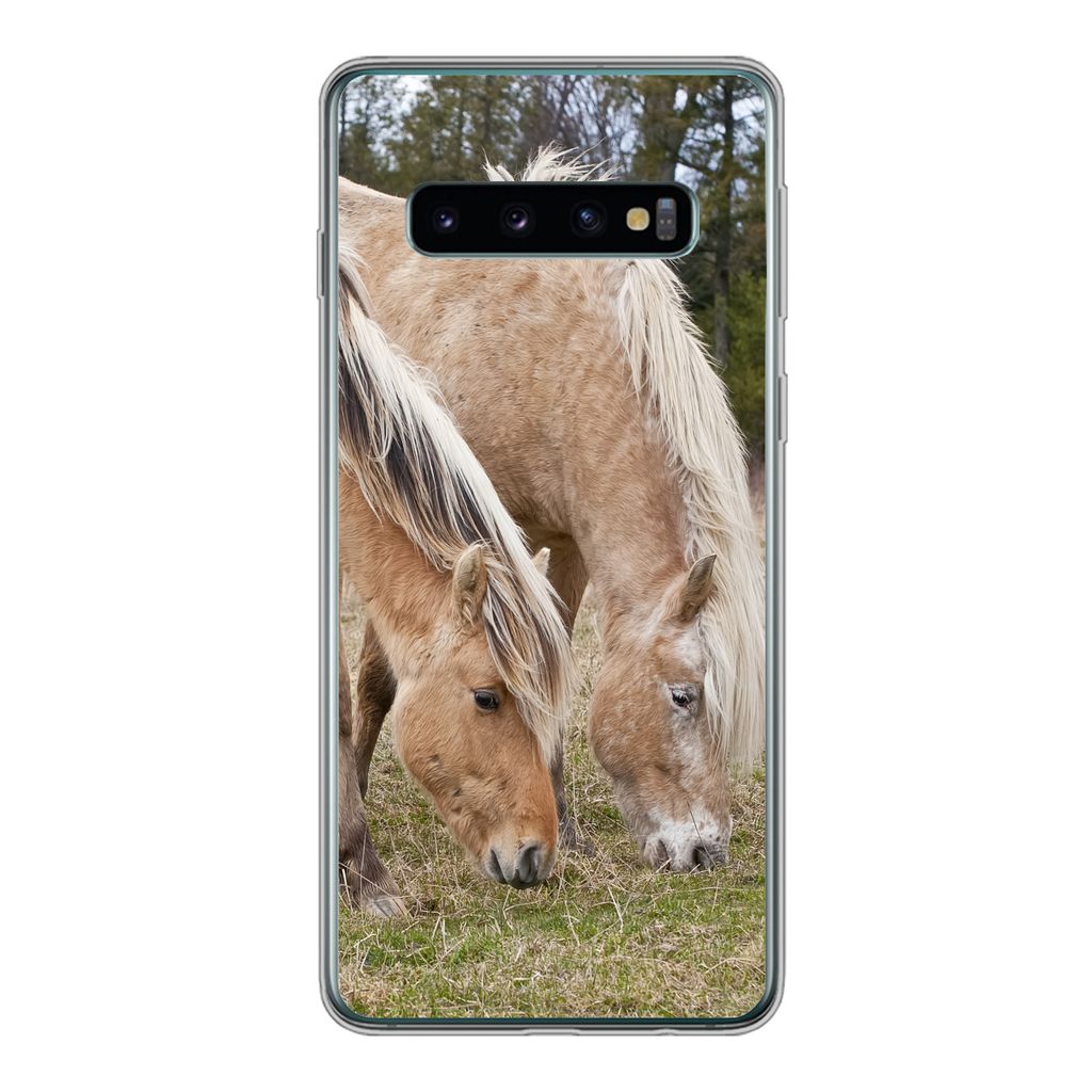 MuchoWow Handyhülle Schutzhülle Hülle für Samsung Galaxy S10 Zwei grasende Fjordpferde auf einer Wiese Silikon Softcase Handy Hülle - Handyt...
