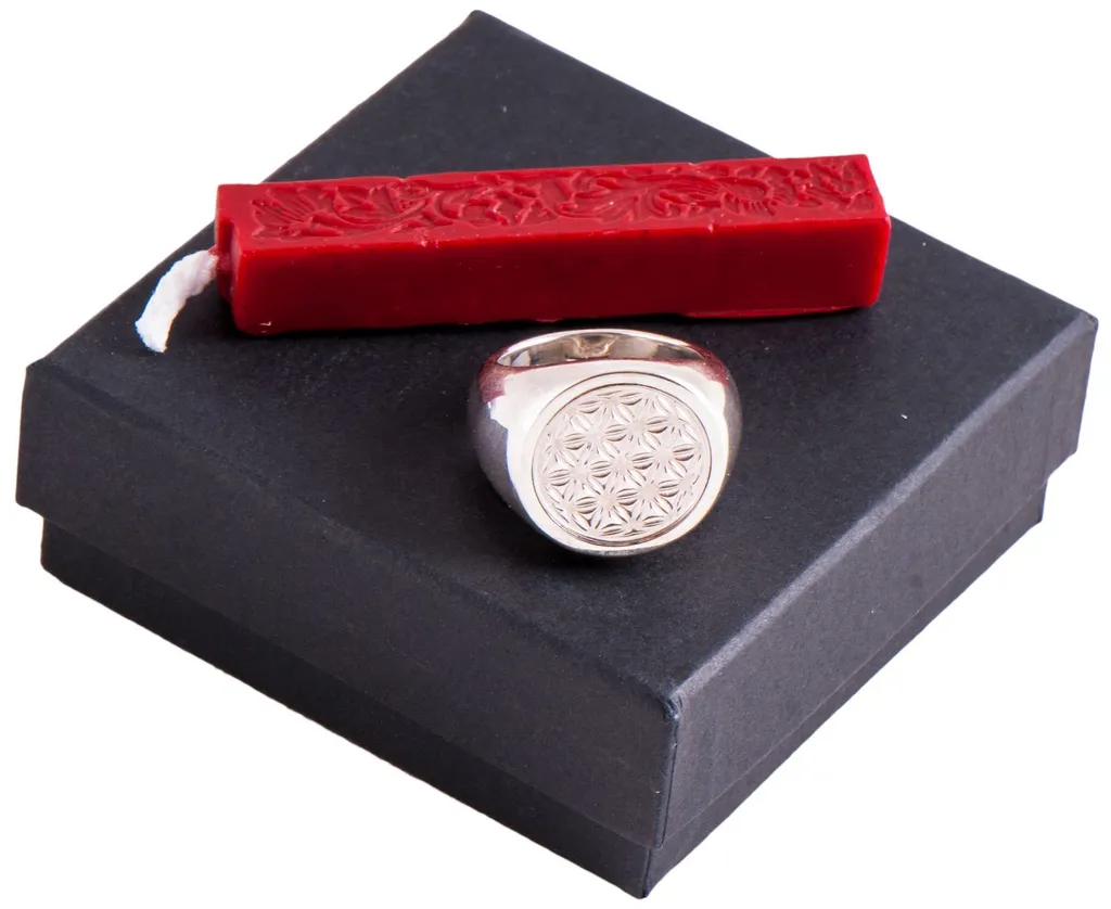 Set d'anneaux de sceau Fleur de vie avec cire à cacheter rouge premium