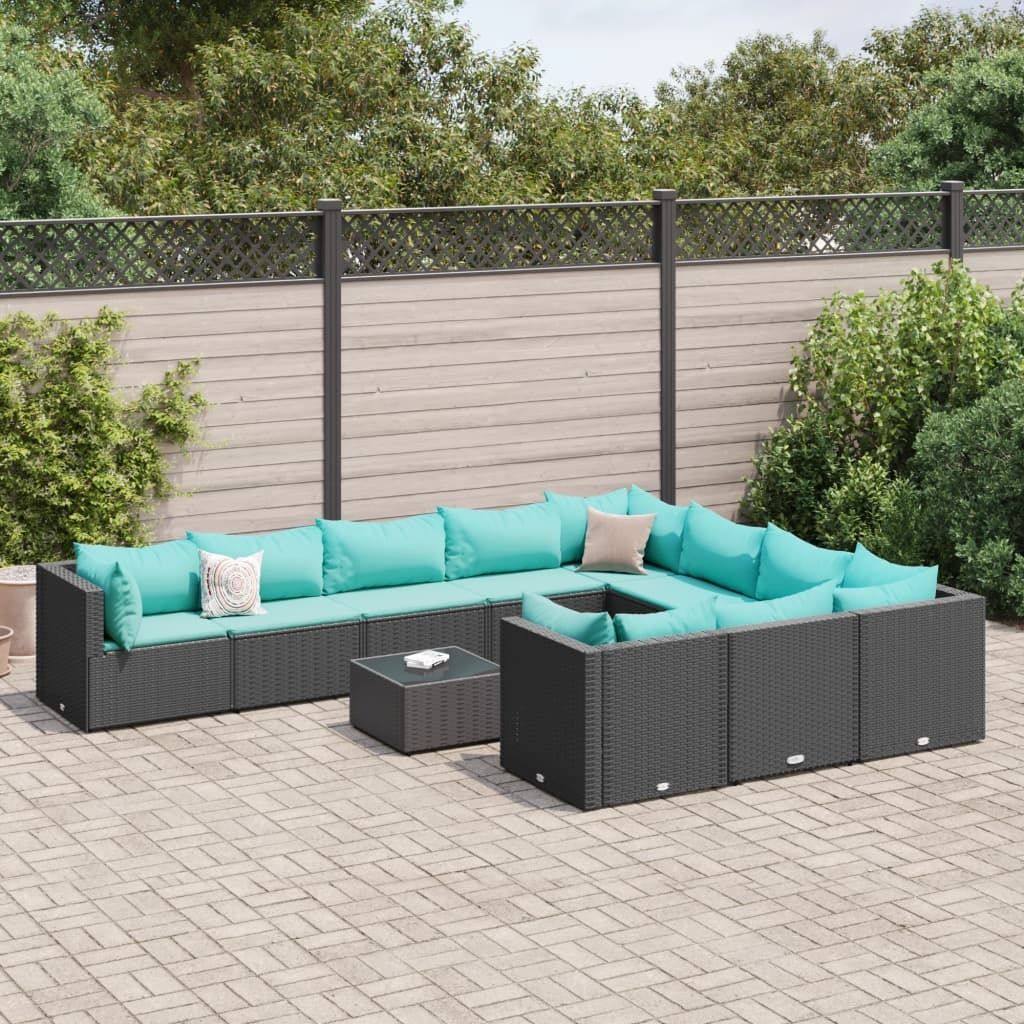Best Möbel 11-tlg. Terassenmöbel/Garten-Sofagarnitur mit Kissen Schwarz Poly Rattan - Gartenmöbelset CHY7211075