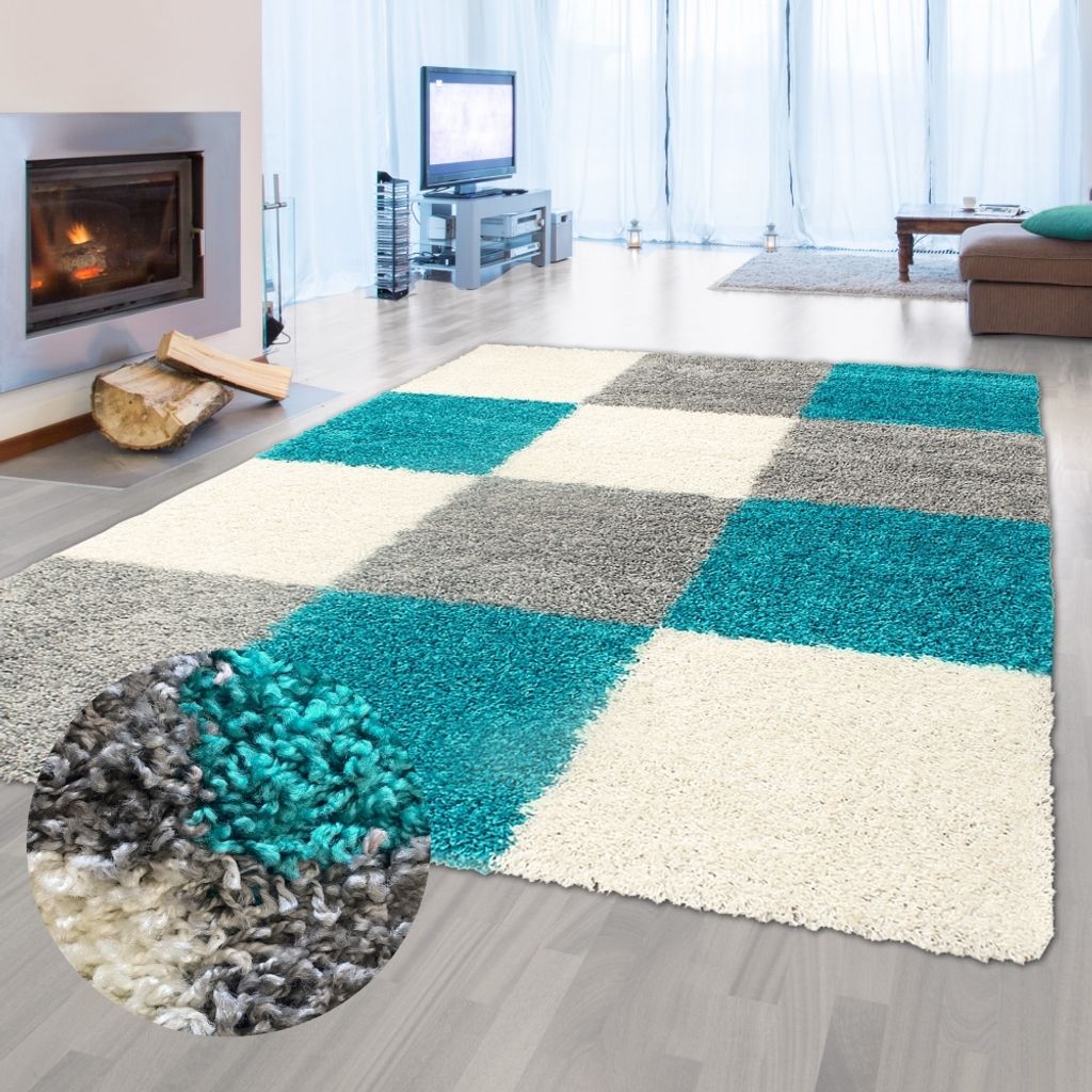 Shaggy Teppich Hochflor Langflor Teppich Wohnzimmer Kinderzimmer in Karo Design Türkis Grau Creme Größe - 160 x 230 cm