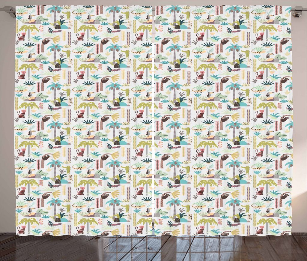 ABAKUHAUS Urwald Rustikaler Gardine, Tropische Waldtiere, Schlafzimmer Kräuselband Vorhang mit Schlaufen und Haken, 280 x 225 cm, Mehrfarbig