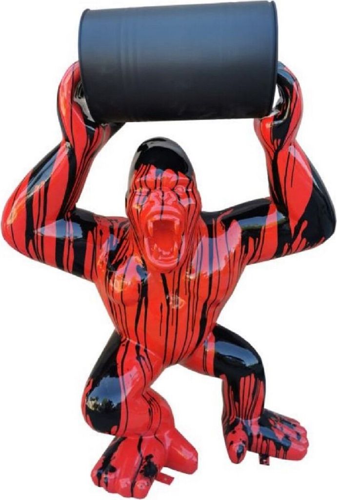 Casa Padrino Luxus Deko Skulptur Gorilla Affe mit Fass Rot / Schwarz H. 250 cm - Große Deko Figur