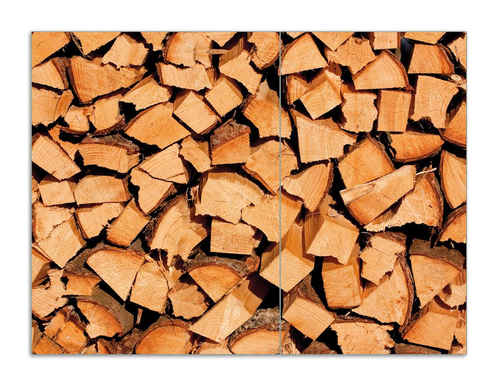 Wallario Herdabdeckplatte aus Glas, Größe 70 x 52 cm 2-teilig, Motiv Holzstapel gehackt - Holzscheite für den Kamin
