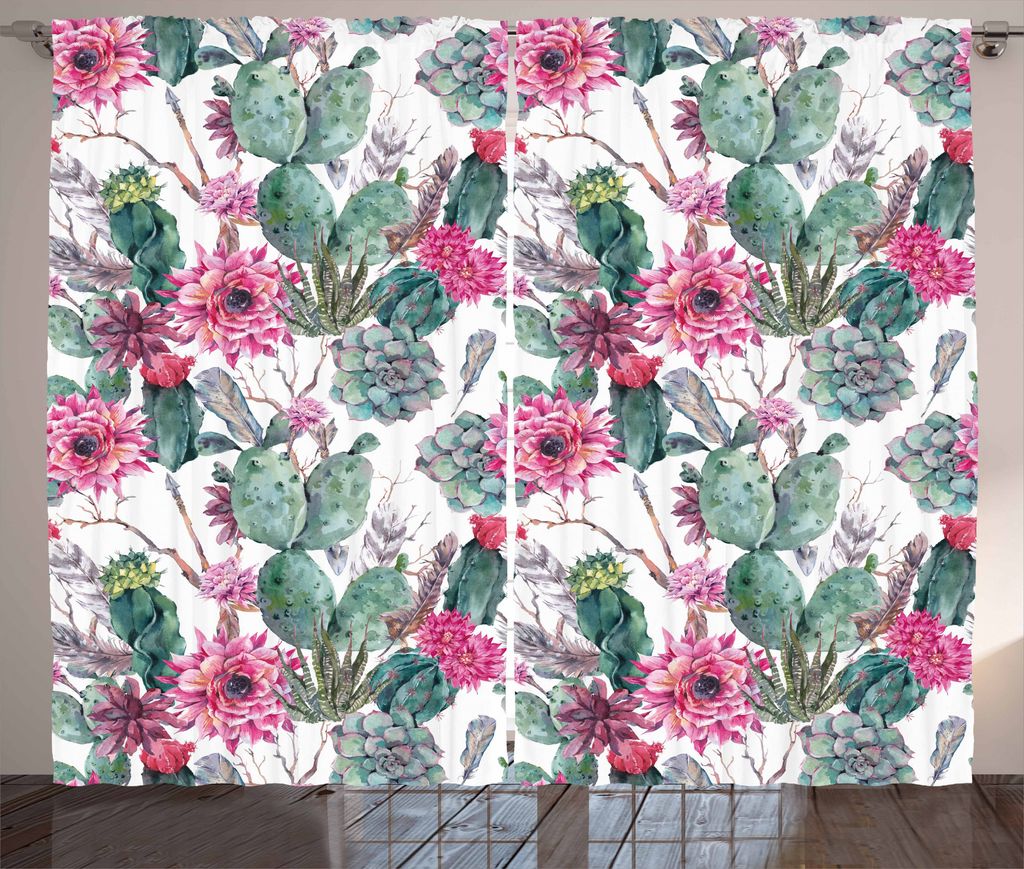 ABAKUHAUS Kaktus Rustikaler Gardine, Frühling blüht Boho-Art, Schlafzimmer Kräuselband Vorhang mit Schlaufen und Haken, 280 x 225 cm, Mehrfarbig