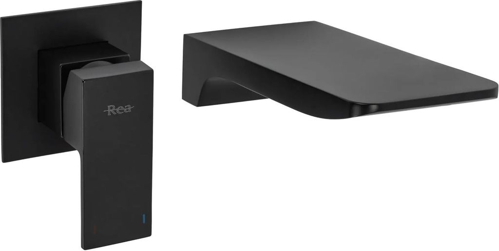 A black wall-mounted faucet and its control handle.