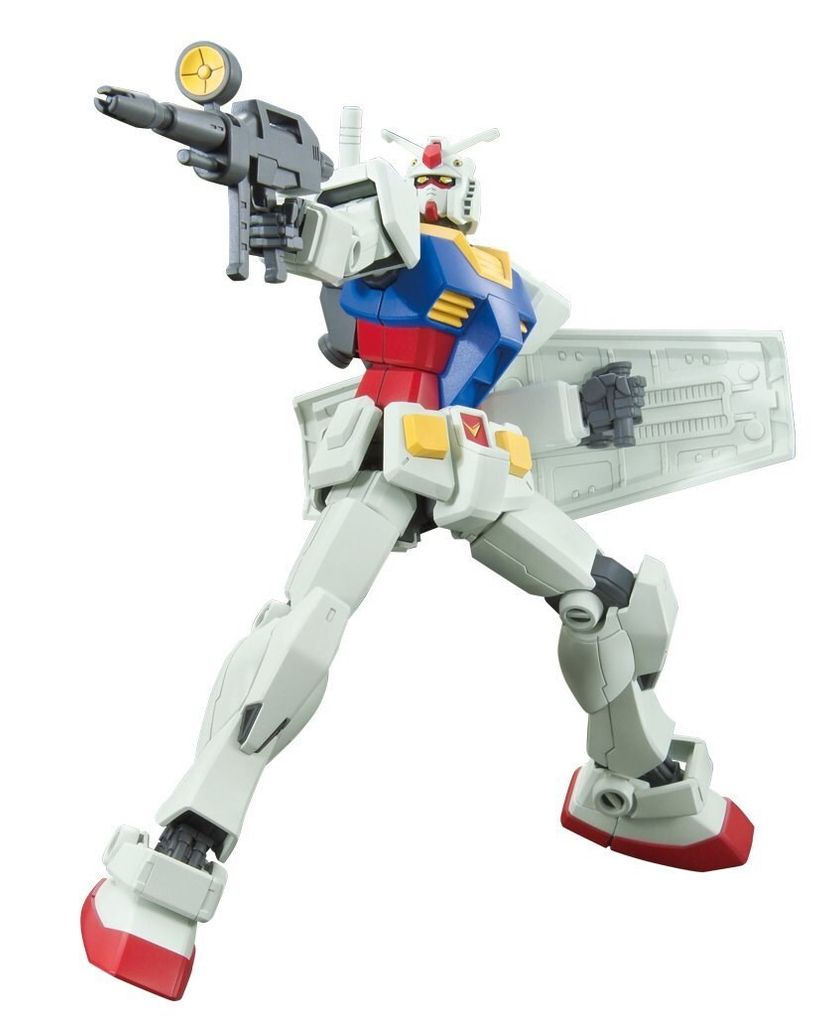 A model of a Gundam robot in a dynamic pose, holding a rifle.