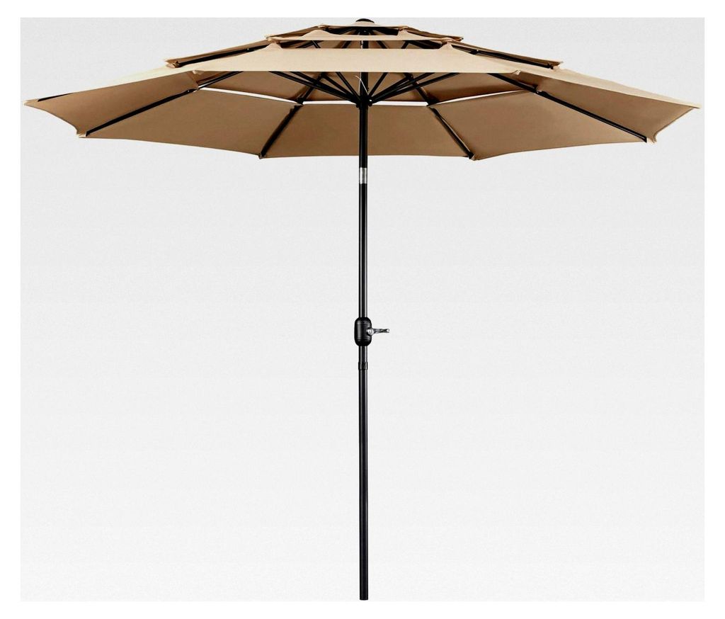 Sonnenschirm mit 3-lagigem Dach Φ 324 cm, neigbar, UV-Schutz, belüftet, rund, für Garten/Balkon/Terrasse/Strand, Hellbraun