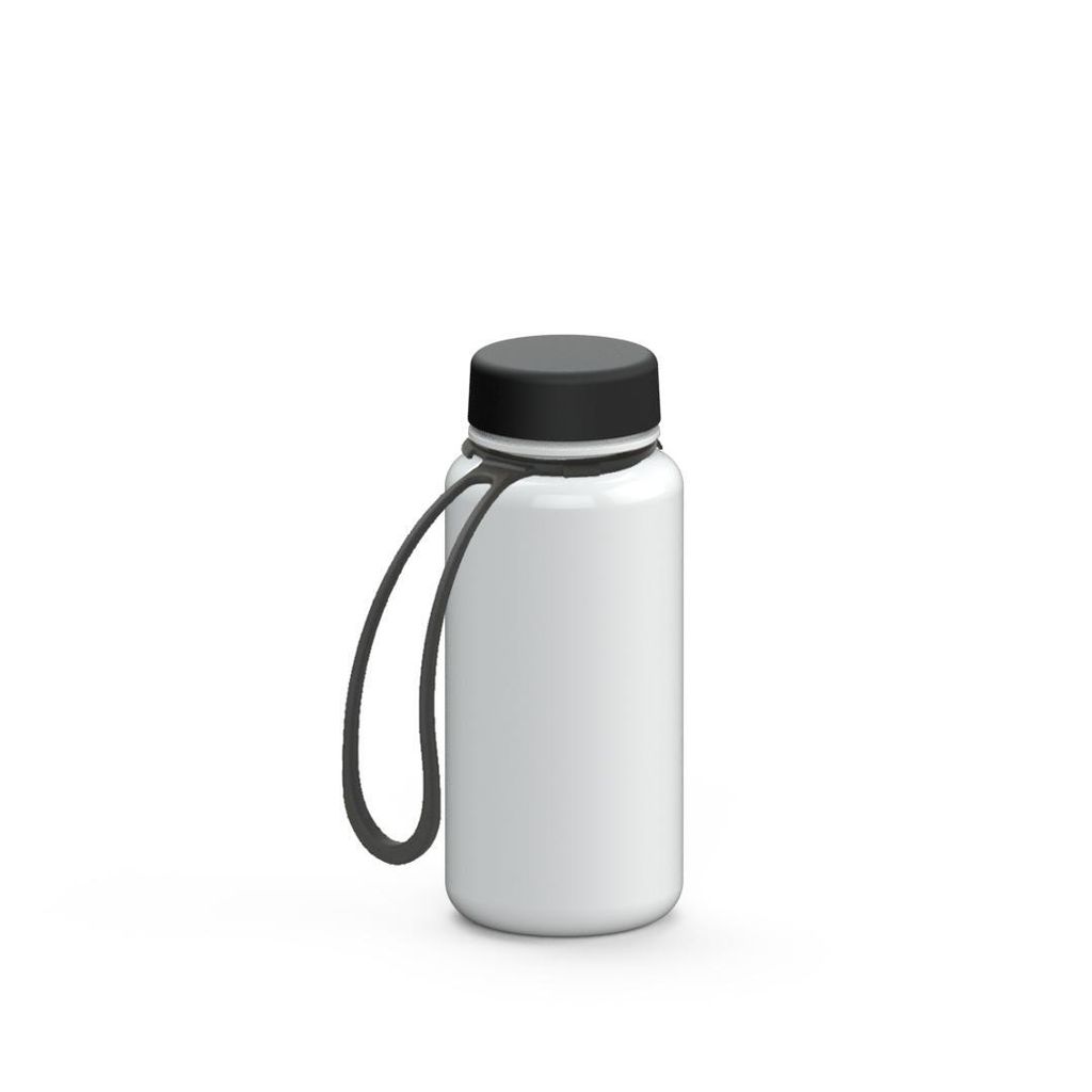 Trinkflasche 400 ml - Auslaufsichere Tritan Trinkflasche inkl. Strap - ideal für Schule, Sport und Freizeit - weiß/schwarz