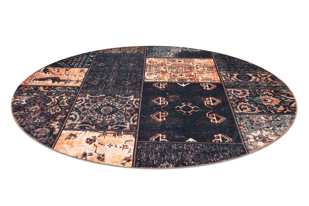 Tapis ANTIKA rond chocolat 160 cm, motif grec lavable style ancien