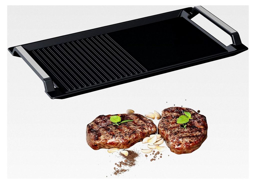 Grillplatte aus Gusseisen - 43 x 23 cm - 2 Griffe - Antirutsch-Grillpfanne mit halb-gerippter und halb-glatter Oberfläche - geeignet für Induktio...