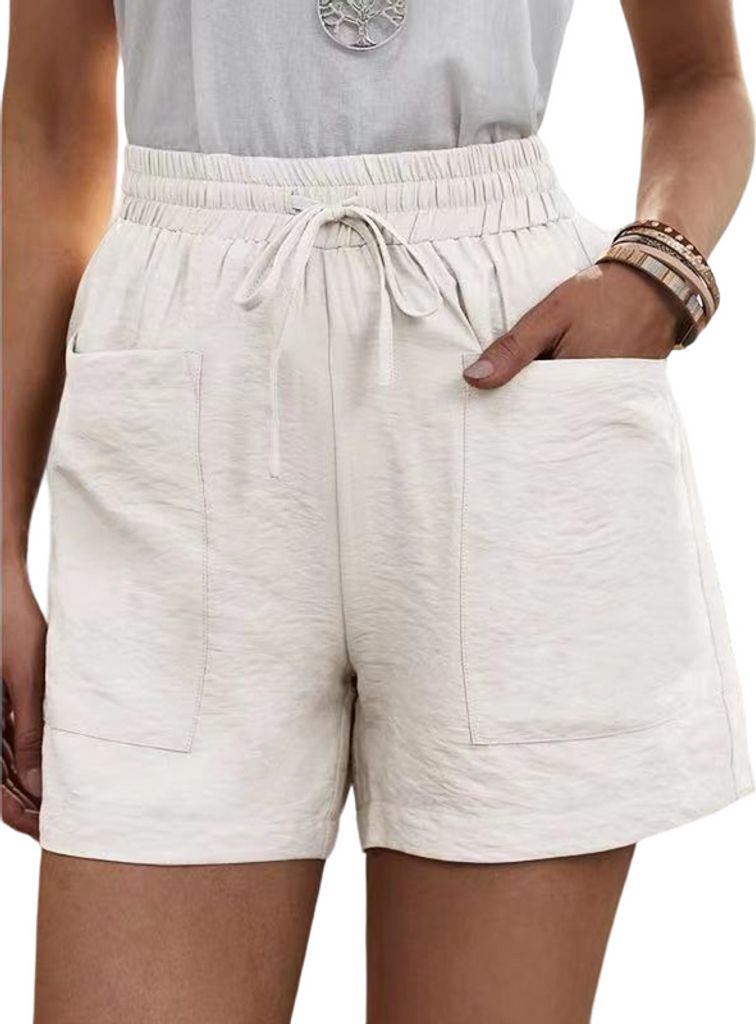ASKSA Damen Shorts Sommer Lässige Sport Kurze Hose Einfarbig Hoher Taille Lockere Kordelzug mit Taschen, Weiß, XXL