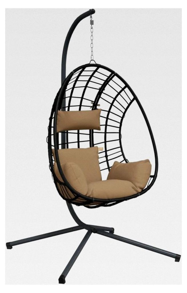 Hängesessel im Ei-Design mit Ständer in Taupe aus Rattan und Stahl