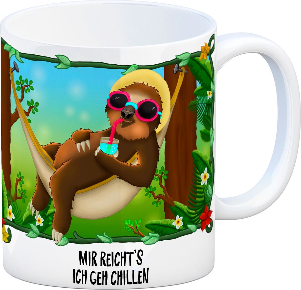 Kaffeebecher mit Faultier in Hängematte Motiv und Spruch: Mir reicht's ich geh