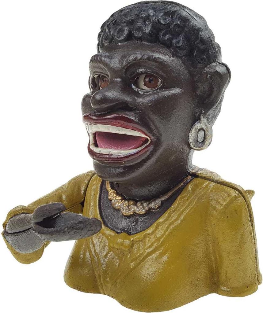 Spardose Geldbank Skulptur Gusseisen Frau Mädchen gelbes Oberteil H 16,5 cm