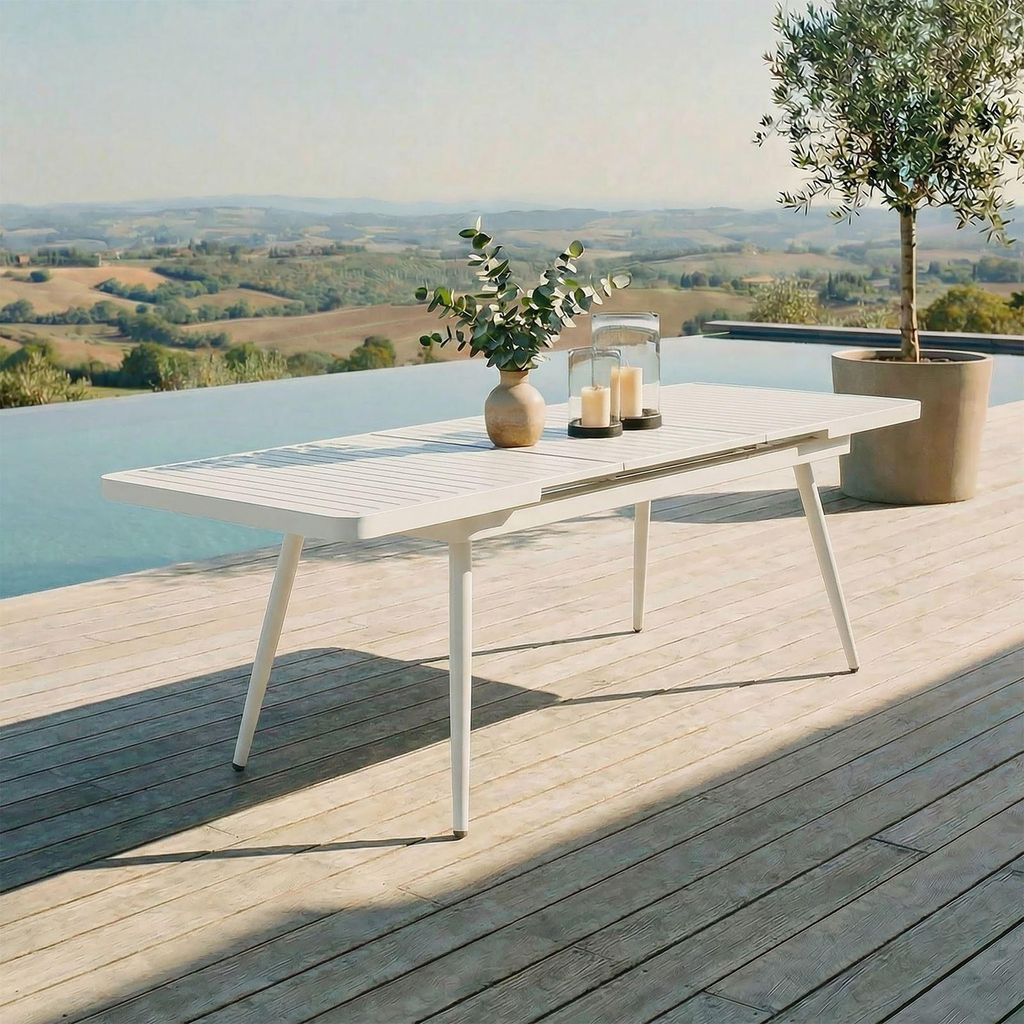 Gartentisch SUNNY ausziehbar 180–240 cm, Weiß – großer Tisch mit integrierter Verlängerungsplatte aus pulverbeschichtetem Aluminium UV-best...