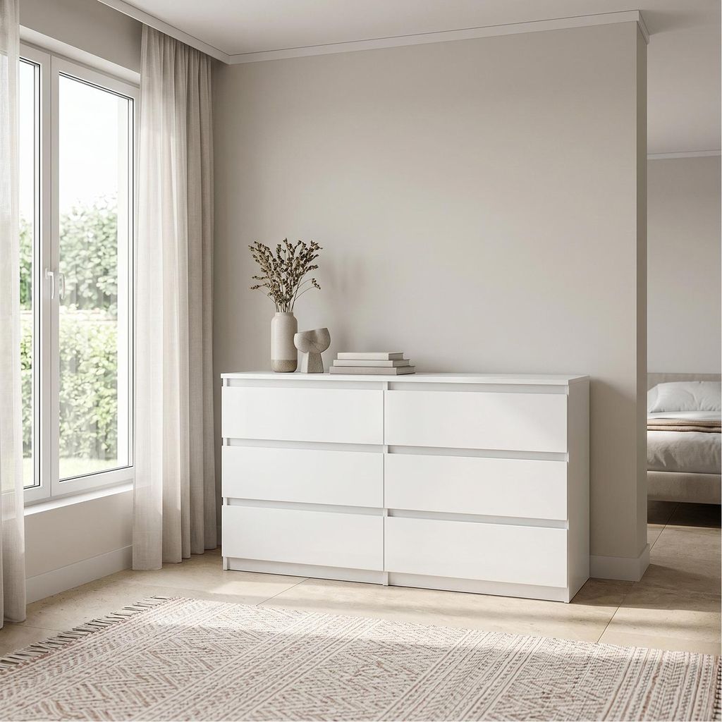 Masseno Kommode NUDO 120 cm Sideboard mit 6 Schubladen und Türen für Wohnzimmer Schlafzimmer Modern 120x39x78,5 cm Weiß / Weiß