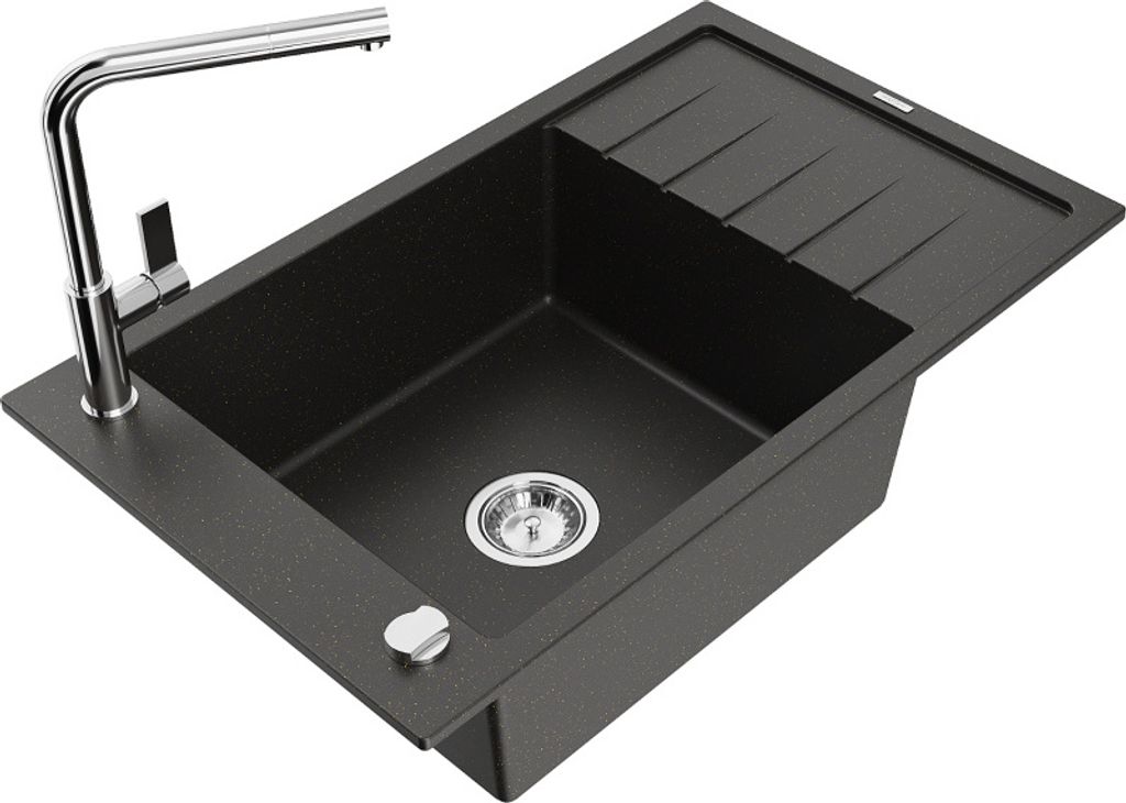 Mexen Elias 1 Becken-Granitspüle mit Abtropffläche und Mischbatterie Flora, Schwarz/Gold metallisch - 6511-75-670401-00